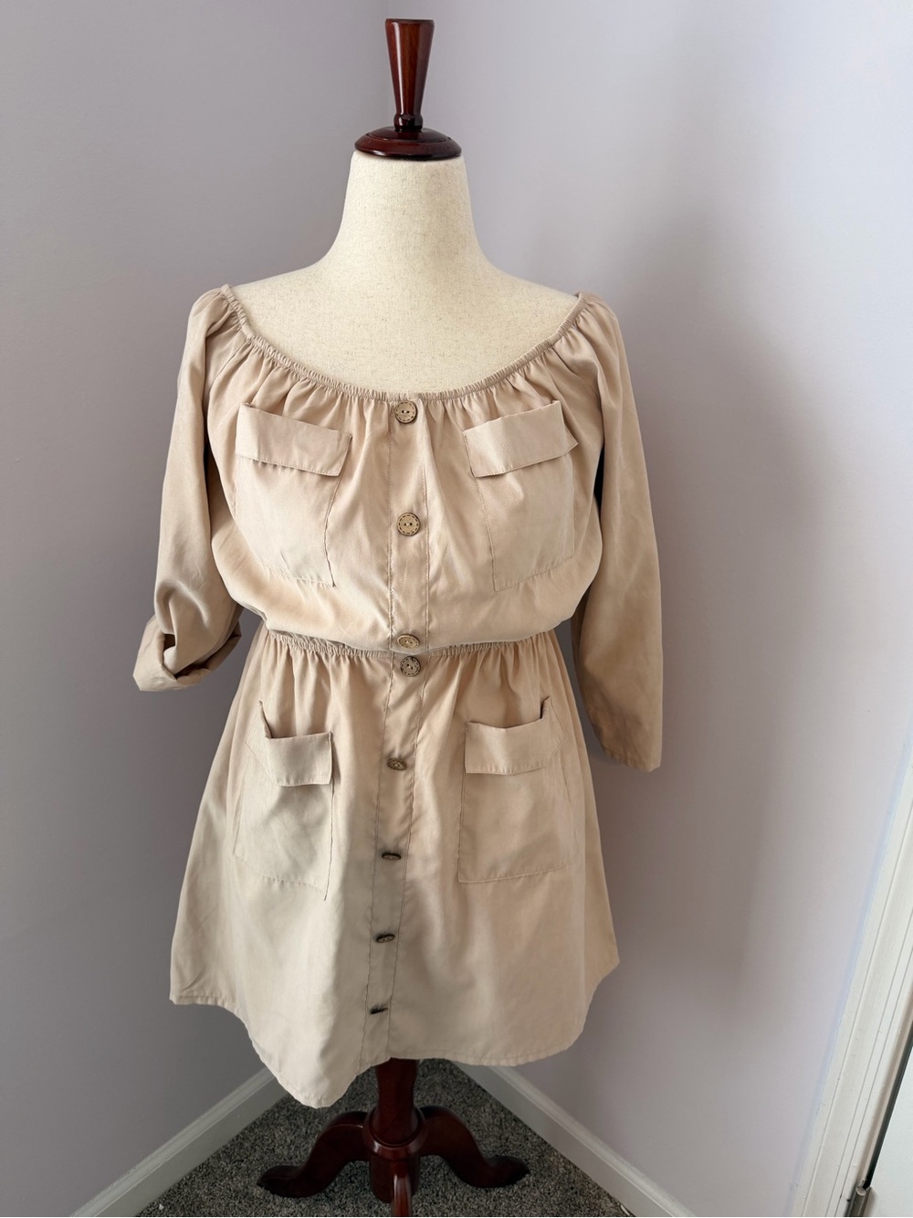 AVLUXE Beige Off Shoulder Utility Dress Large | Safari Style Mini Dress